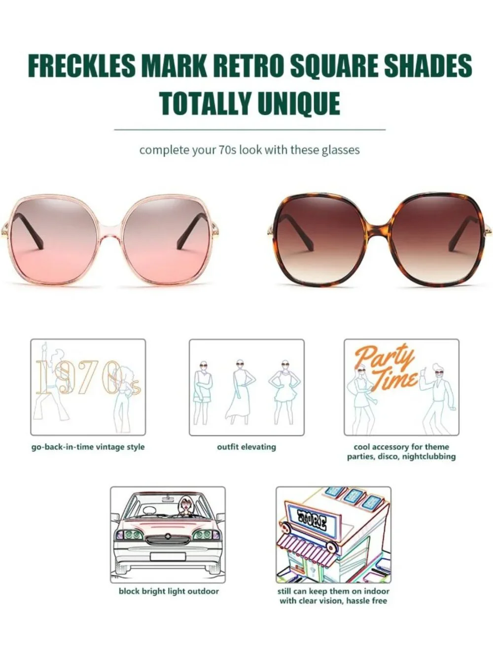 Vintage 70s Oversized Square Sunglasses for Women - Retro Rectangular Plastic